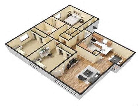 Floor plan for 3 beds, 2 baths, 1040 sqft